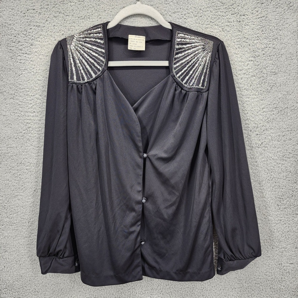Vintage 80s Black Beaded Sequin Sunburst Shoulder Blouse V-Neck Made in USA